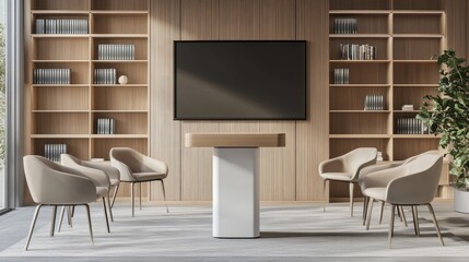 Poster - Neutral office setup with podium front and center, lined with minimalist chairs, a tall bookshelf, and screen ready for display