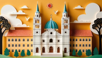 Fototapete - Intricate paper cut-out artwork of a detailed cathedral surrounded by flanking buildings against a bright stylized landscape with clouds and birds soa above