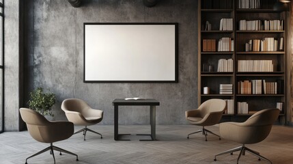 Poster - stylish modern office with an empty podium, neutral-colored chairs, bookshelf to the side, and a whi