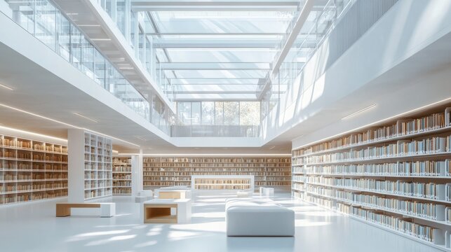 Sunlit modern library with simple decor, clean geometric lines, and spacious reading and walking areas