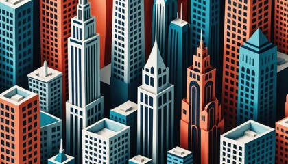 Fototapete - Stylized Isometric Illustration of a Dense Cityscape with Skyscrapers in Teal Orange and White Rendered in Low-Polygraphic Style for Urban Aesthetics