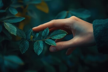 Poster - Delicate touch of fingertips on lush green leaves in a serene natural setting during the early morning light
