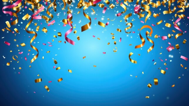 Bright blue background with vibrant confetti falling mid-air, creating a joyful festive atmosphere