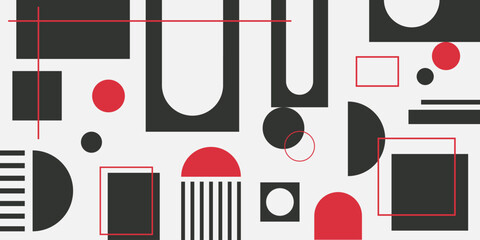 Poster - Abstract retro geometric banner with shapes and forms. Brutal contemporary figures and other graphic design elements. Red and black wallpaper. Vector illustrations.