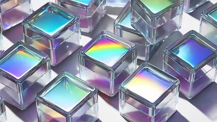 Poster - Iridescent glass cubes scattered on white.  Product packaging mockup
