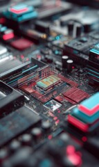 Poster - Close-up view of a computer motherboard with colorful components