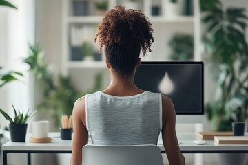 Poster - Individual working on a computer in a modern office surrounded by indoor plants during daylight hours