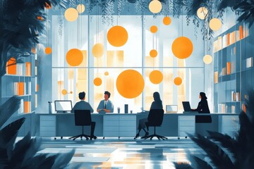 Aufkleber - Collaborative workspace in a modern office with team members discussing strategies and working on laptops during daytime