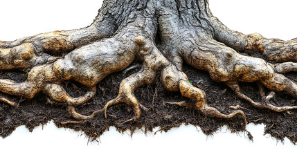 Exposed tree roots close up detailed texture isolated on white background
