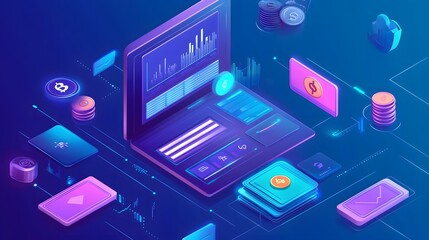 Fototapete - Cybernetic Landscape: An illustrative rendition of a tech-focused workspace. A futuristic scene of computers, financial data, and a digitized layout.