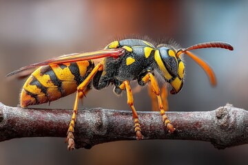 Macro Photo of a Wasp Perched on a Branch – Close-Up of Yellow and Black Insect in Natural Outdoor Habitat