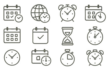 Poster - Set of line style icons representing time and scheduling in various formats including clocks and calendars
