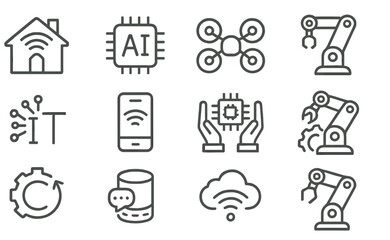 Poster - Set of icons illustrating technology themes such as AI, IoT, automation, and digital communication in a minimalist line style