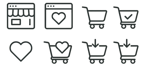 Poster - Icons representing online shopping activities with a cart, store, and favorite options showcased in a simple line style