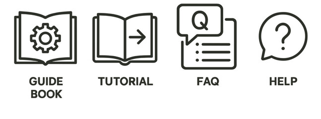 Poster - Set of line style icons representing guide book, tutorial, FAQ, and help resources for user assistance