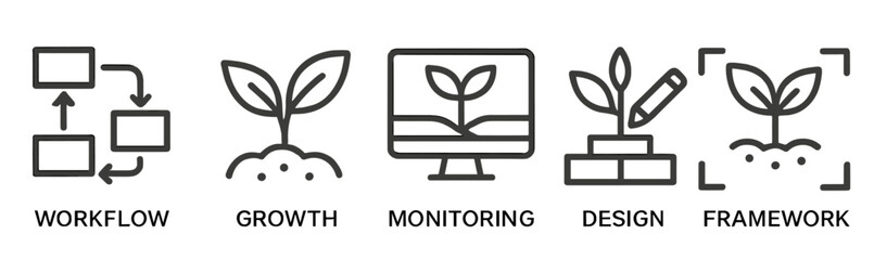 Poster - Set of icons illustrating workflow, growth, monitoring, design, and framework in a minimalist style suitable for various applications