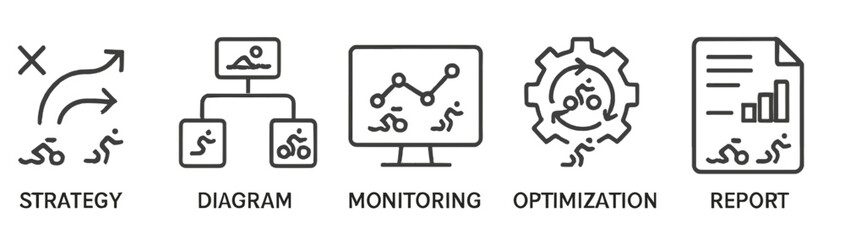 Poster - Set of line style icons representing strategy, diagram, monitoring, optimization, and report for effective visual communication