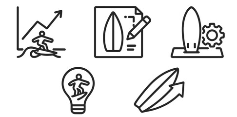 Poster - Line style icons representing surfing, design, and business growth with a creative twist in a minimalist design