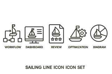 Poster - Icons representing various aspects of a sailing theme including workflow, dashboard, review, optimization, and diagram in a clean line style set