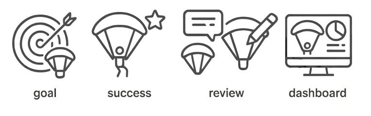 Poster - Set of icons illustrating goal achievement, success, performance review, and dashboard analytics in linear design style