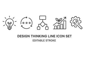 Poster - Design thinking line icon set featuring symbols of innovation and problem-solving for creative processes