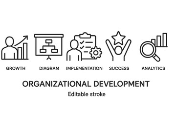 Poster - Visual representation of organizational development concepts through line style icons including growth, implementation, and success metrics