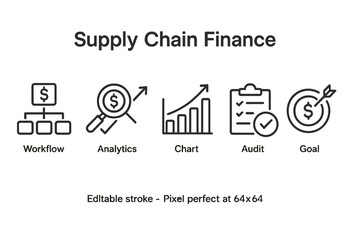 Poster - Icons representing supply chain finance concepts including workflow, analytics, chart, audit, and goal tracking in a clean design