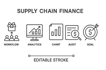 Poster - Detailed line style icons representing key concepts of supply chain finance including workflow, analytics, chart, audit, and goal setting
