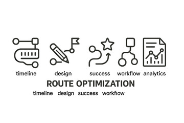 Poster - Set of line style icons representing route optimization concepts such as timeline, design, success, workflow, and analytics in a modern layout