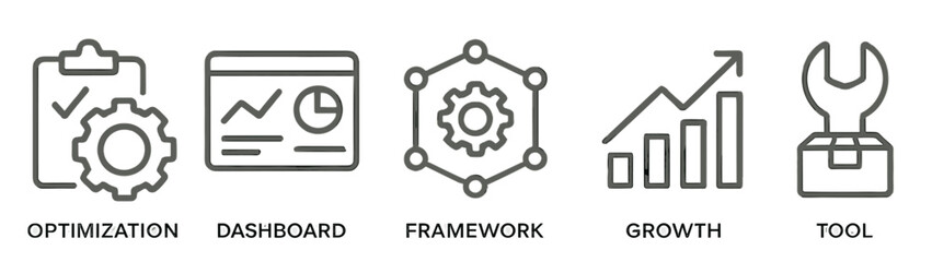 Poster - Line style icons representing optimization, dashboard, framework, growth, and tool for digital planning and analysis