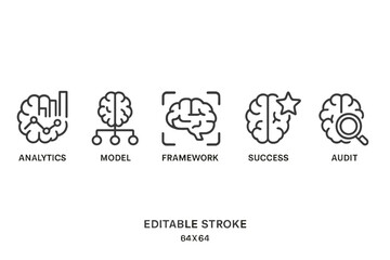 Poster - Set of line style icons representing analytics, model, framework, success and audit for digital design projects