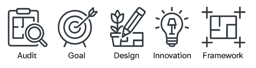 Poster - Icons represent audit, goal, design, innovation, and framework in a clean line style for business and creative applications