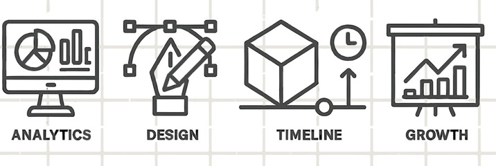 Poster - Stylized icons illustrating analytics, design, timeline, and growth concepts in a modern line art style