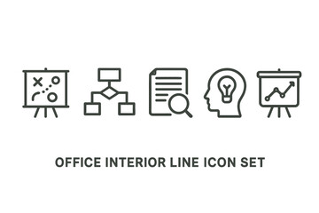 Poster - Collection of office interior line style icons depicting various workplace concepts and activities