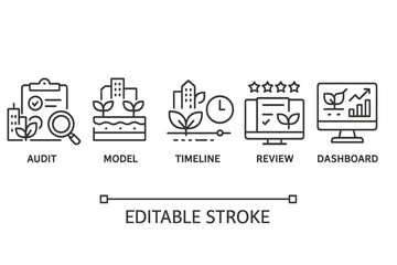 Poster - Set of line style icons representing audit, model, timeline, review, and dashboard for digital projects and presentations
