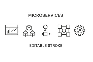 Poster - Microservices concept illustrated with line style icons showcasing various aspects of software architecture and development tools