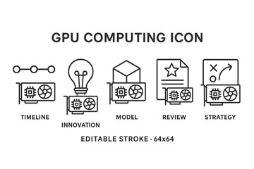Poster - GPU computing icon set showcasing timeline, innovation, model, review, and strategy in a consistent line style