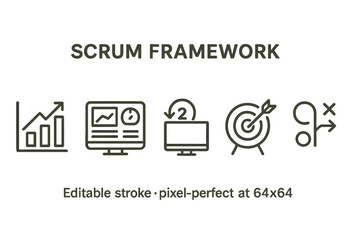 Poster - Icons representing different aspects of the Scrum framework in a minimal line style for agile project management