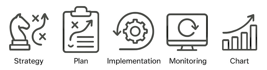 Poster - Set of line style icons representing various business concepts including strategy, planning, implementation, monitoring, and performance charts