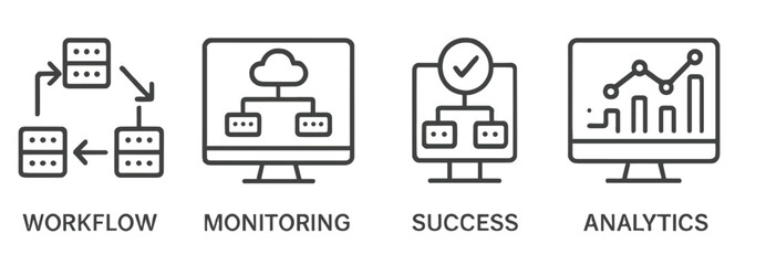 Poster - Set of line style icons representing workflow, monitoring, success, and analytics in a digital context