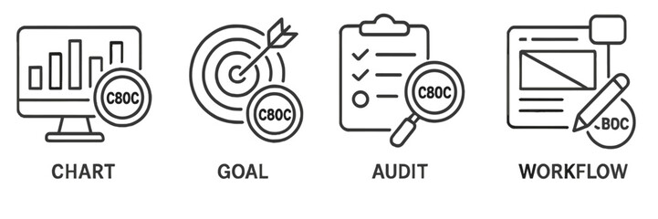 Poster - Set of line style icons representing chart, goal, audit, and workflow for design and presentations