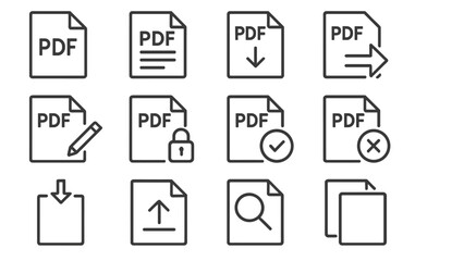 Aufkleber - Set of line style icons representing various PDF file actions and functionalities for digital documentation