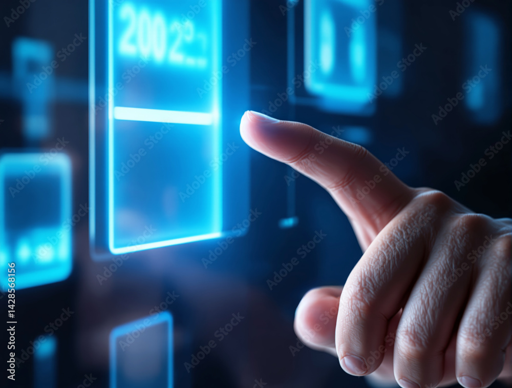 Human finger touching glowing digital button on futuristic tech ...