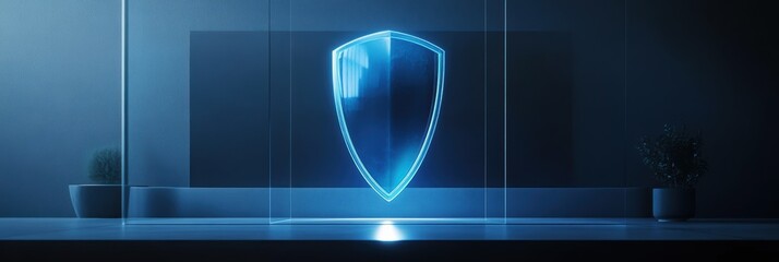 Poster - Holographic shield backdrop for enhanced home security in modern living space