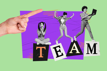 Poster - Trend collage of people standing in text teams on green color background
