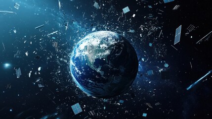 Poster - A floating Earth icon surrounded by orbiting satellites and space debris