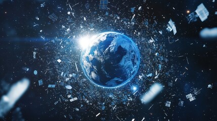 Poster - A floating Earth icon surrounded by orbiting satellites and space debris