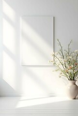 Poster - A blank white rectangular canvas hangs on a white wall