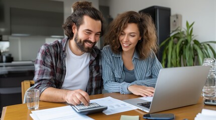 Poster - Happy couple calculating home investment returns on laptop