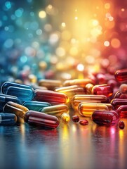 Aufkleber - Colorful Vitamin Capsules Bursting With Vibrant Light Display in Modern Healthcare Concept